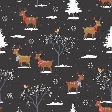 Winter holiday seamless pattern with cute cartoon deers family happy on win.. Stock Illustration