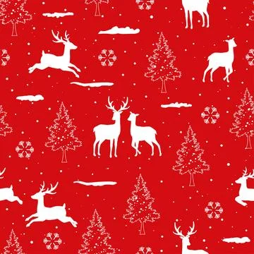 Winter holiday seamless pattern with cute cartoon deers family on red backg.. Stock Illustration