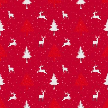 Winter holiday seamless pattern with deer family on red backgound Stock Illustration