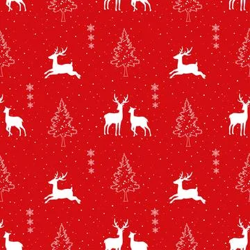 Winter holiday seamless pattern with deers family on red background Stock Illustration