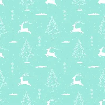 Winter holiday seamless pattern with deers on winter forest Stock Illustration