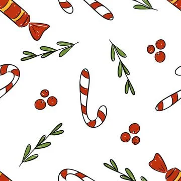 Winter holiday seamless pattern featuring hand drawn candy canes and festive Stock Illustration