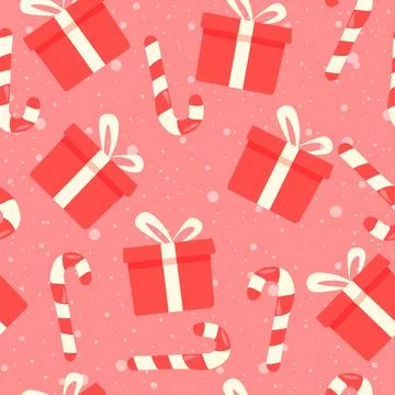 Winter holiday seamless pattern with gift boxes and sugar cane. Stock Illustration