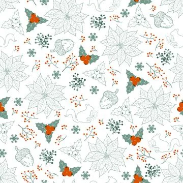 Winter holiday seamless pattern with hand drawn leaves and red berries,Perf.. Stock Illustration