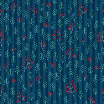 Winter holiday seamless pattern with red berries on blue background for Chr.. Stock Illustration