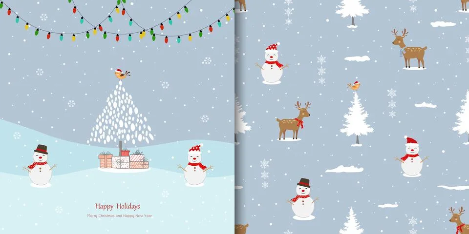 Winter holiday seamless pattern set with cute greeting card for Christmas o.. Stock Illustration