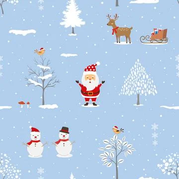Winter holiday seamless pattern on soft blue background with Santa Claus happ Stock Illustration