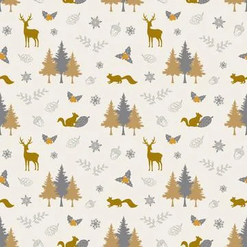Winter holiday seamless repeat pattern with animal wildlife in the forest,tra Stock Illustration
