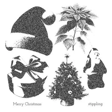 Winter Holiday themed Elements set - Santa, hat, poinsettia, gift box, xmas tree 스톡 일러스트