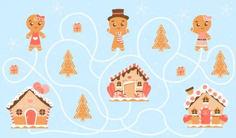 Winter holiday themed printable worksheet for kids with gingerbread houses and Stock Illustration