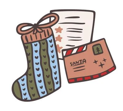 Winter holiday wish list with stocking and envelope. Christmas letter to Santa Stock Illustration