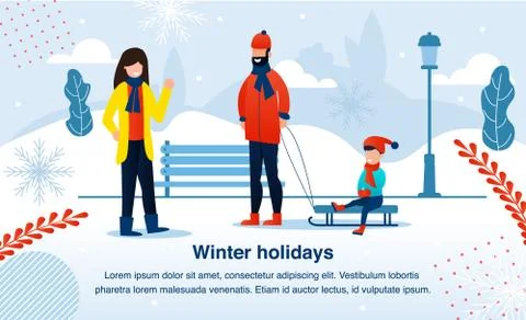 Winter Holidays Activities Flat Vector Banner Stock Illustration