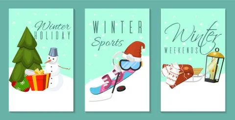 Winter holidays and weekends set of banners, cards vector illustration. Nature Ilustración de archivo