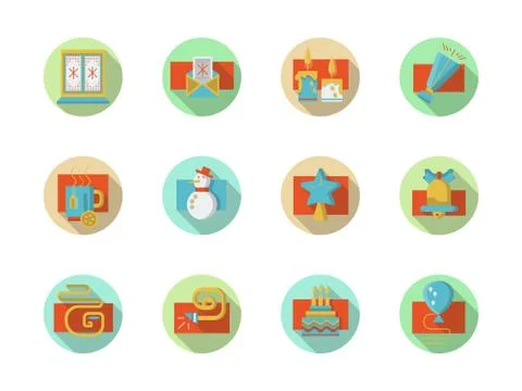 Winter holidays colored round vector icons set Stock Illustration