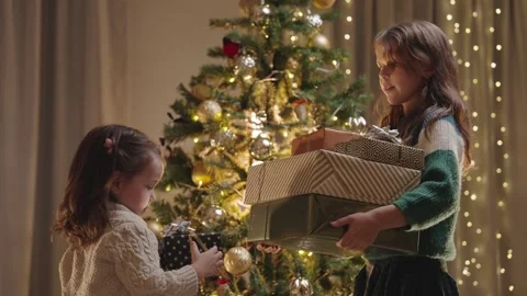 Winter Holidays Concept. Sisters Plays with Several Christmas Gifts Stock Footage 255573013