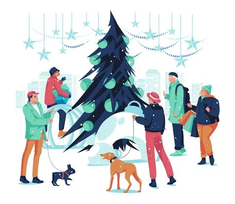 Winter holidays. Flat vector illustration of  people shopping, walking with d Stock Illustration