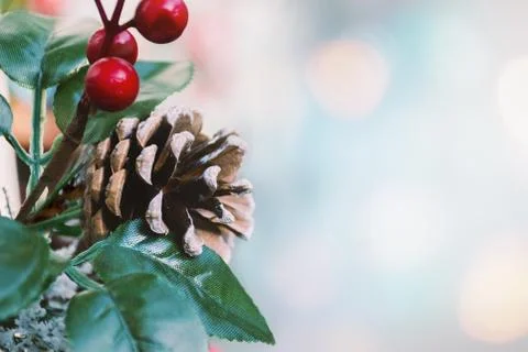Winter holidays postcard - composition of pine cone, red berries Stock Photos