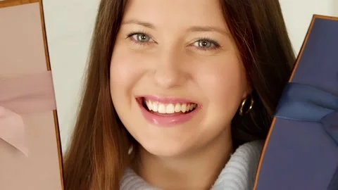 Winter holidays, present and Merry Christmas concept, happy woman smiling and Stock Footage 220051518