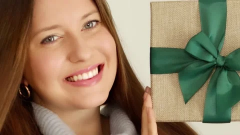 Winter holidays, present and Merry Christmas concept, happy woman smiling and Stock Footage 220120019