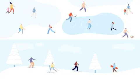 Winter holidays. Tiny people walking in snow park, skiing and skating. Christmas Ilustração Stock
