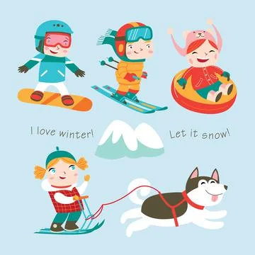 Winter holidays. Vector set. Cute kids are playing winter games and doing extrem Stock Illustration