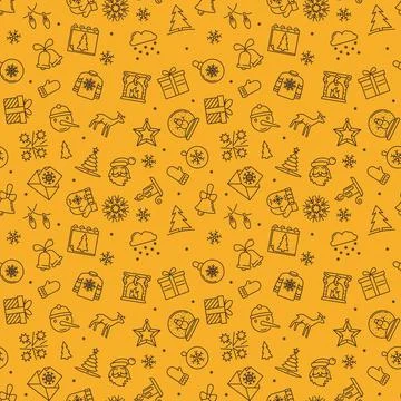 Winter Holidays vector yellow seamless pattern. New Year line background Stock Illustration