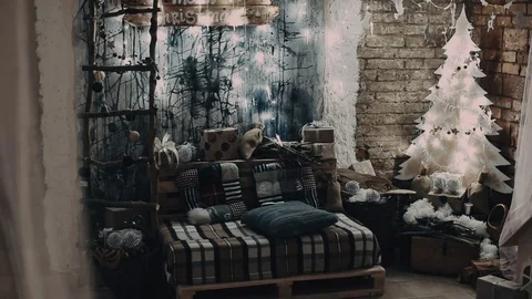 Winter home decor. Christmas rustic interior. Christmas interior wood decor Stock Footage 69745835
