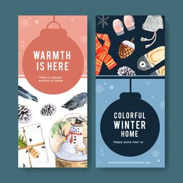 Winter home flyer design with pine, snowman watercolor illustration. Stock Illustration