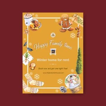Winter home poster design with cookie, tree, sock watercolor illustration. Illustrazione stock