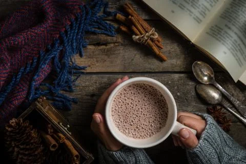 Winter hot chocolate on rustic background Stock Photos