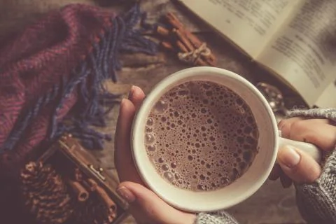 Winter hot chocolate on rustic background Stock Photos