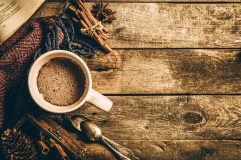 Winter hot chocolate on rustic background Stock Photos