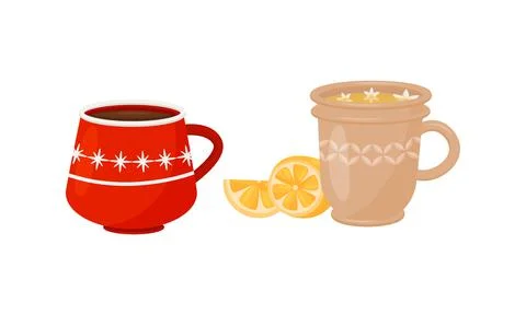Winter Hot Drinks with Cocoa in Mug and Herbal Tea with Lemon Vector Set Stock Illustration