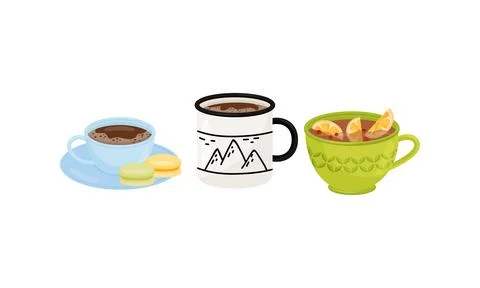 Winter Hot Drinks with Hot Chocolate in Mug and Tea with Lemon Vector Set Stock Illustration