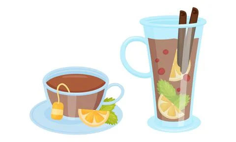 Winter Hot Drinks with Mulled Wine in Glass and Flavoured Tea Vector Set Stock Illustration