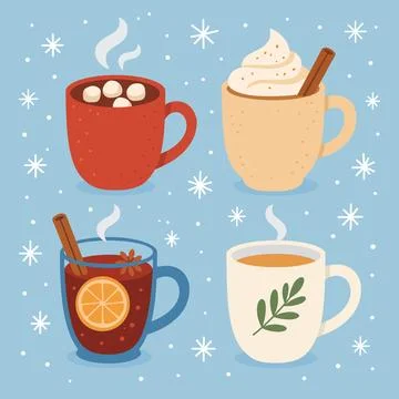 Winter Hot Drinks Set - Cozy Seasonal Beverages Vector Illustration 스톡 일러스트