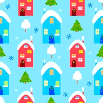 Winter house seamless vector pattern, snowman Stock Illustration