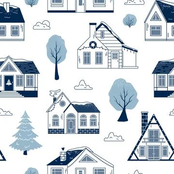 Winter houses seamless pattern with trees and clouds for Christmas and New Ye Stock Illustration