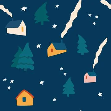 Winter houses seamless pattern. Winter landscape in Scandinavian style. Chris Stock Illustration