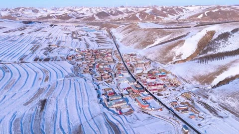 Winter Huapiling Small Village Snowscape Natural Landscape Aerial Shot Stock Footage 320103178
