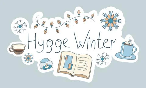 Winter Hygge Doodle Lettering with book, coffee mug, candle, light Bulbs and  Stock Illustration