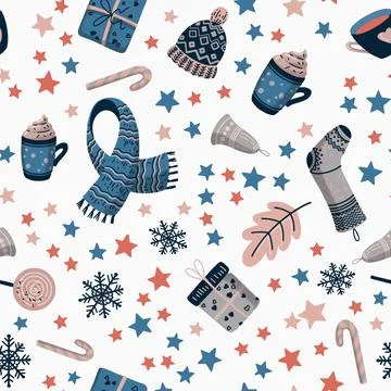 Winter hygge items seamless vector pattern. Christmas warm cosy home celebration Stock Illustration