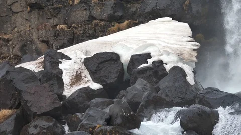 Winter Ice And Snow Forming Next To Oxararfoss Waterfall, Pingvellir Stock Footage 97263232