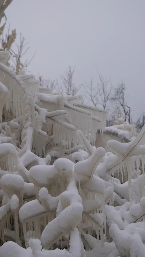 Winter ice covers trees in a frozen landscape in cold weather Stock Footage 343508732
