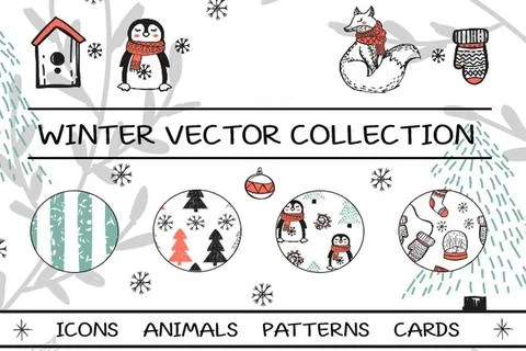 Winter Illustration Bundle (Patterns, Icons, Animals, Cards) Stock Illustration