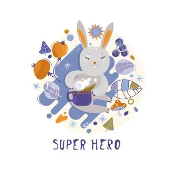 Winter illustration of hare. Winter elements and grass mushrooms. Text templa Stock Illustration