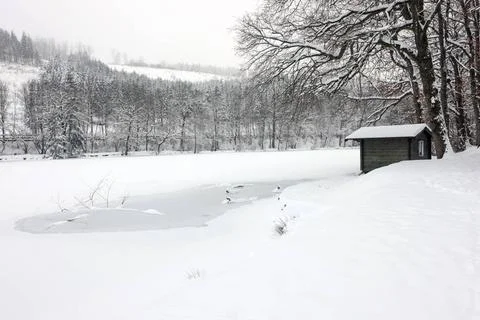  Winter im Siegerland. Der Rabensteins Weiher in der Naehe (Nähe) von Sieg.. Stock Photos