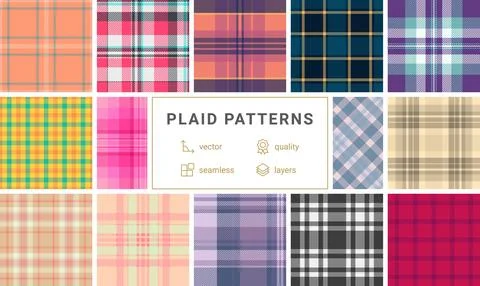 Winter inspired plaid pattern set. Cozy tartan styles support seasonal bran.. Stock Illustration