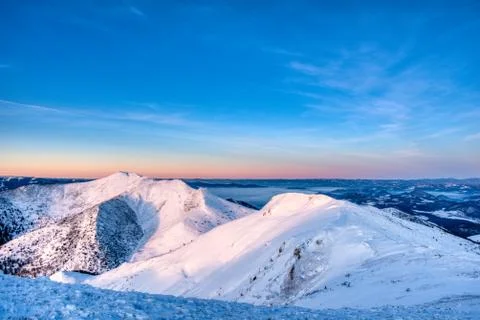 Winter inversion in mountains during sunrise, Little Fatra, Slovakia Stock Photos