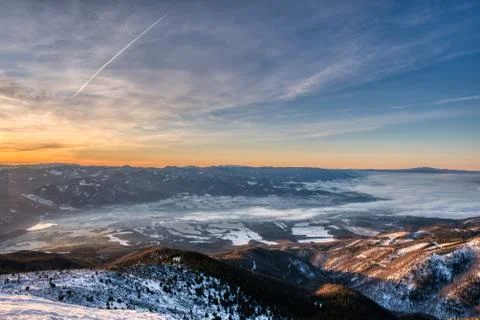 Winter inversion in mountains during sunrise, Little Fatra, Slovakia Stock Photos